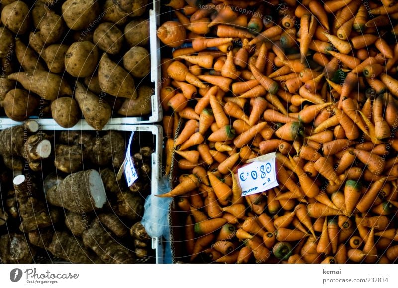 Gerübe Lebensmittel Gemüse Rüben Möhre Ernährung Bioprodukte Vegetarische Ernährung Slowfood liegen braun orange Markt Behälter u. Gefäße Preisschild Farbfoto