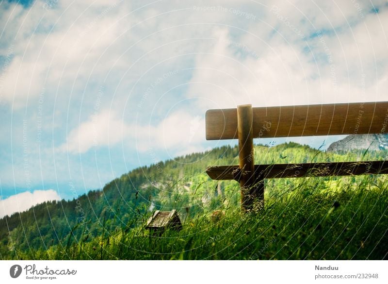 Rastplatz Umwelt Landschaft Alpen Berge u. Gebirge ruhig Alm Bank Idylle Ausflugsziel Bayern Oberbayern Kitsch Schönes Wetter Wiese Gras Wolken