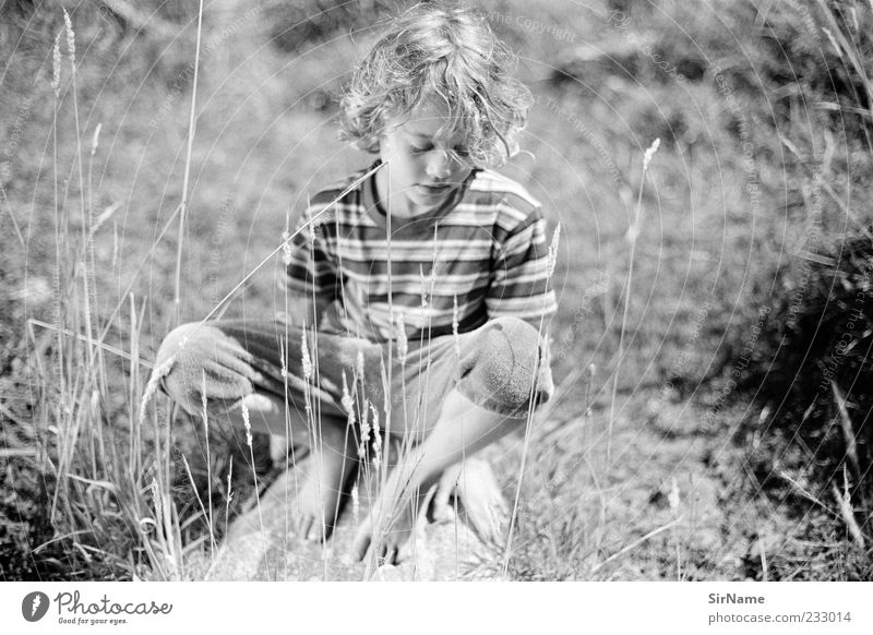 160 [am Flussufer] harmonisch Wohlgefühl ruhig Kind Junge Kindheit 3-8 Jahre Natur Frühling Sommer Wiese Locken genießen Blick einfach frei Jugendliche sitzen