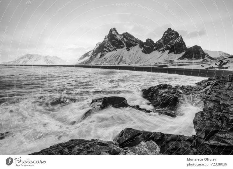 Island im Winter Landschaft Felsen Gipfel Schneebedeckte Gipfel Wellen Küste Abenteuer Natur Berge u. Gebirge Wasser Kraft Schwarzweißfoto Außenaufnahme