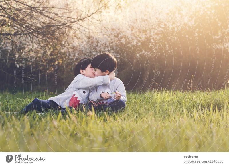 Brüder, die auf dem Feld sitzen. Lifestyle Freude Spielen Garten Mensch maskulin Kind Baby Kleinkind Junge Geschwister Bruder Familie & Verwandtschaft