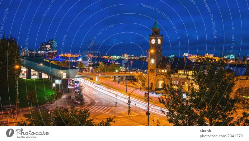 Hamburg am Abend Stadt Skyline Ferien & Urlaub & Reisen Großstadt harbour river urban transport public train autumn evening bridge cityscape Deutschland german