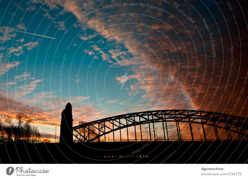 Alte Harburger Elbbrücke Umwelt Luft Himmel Wolken Sonnenaufgang Sonnenuntergang Brücke Architektur Verkehrswege Flugzeug Kitsch Klima Hamburg Farbfoto