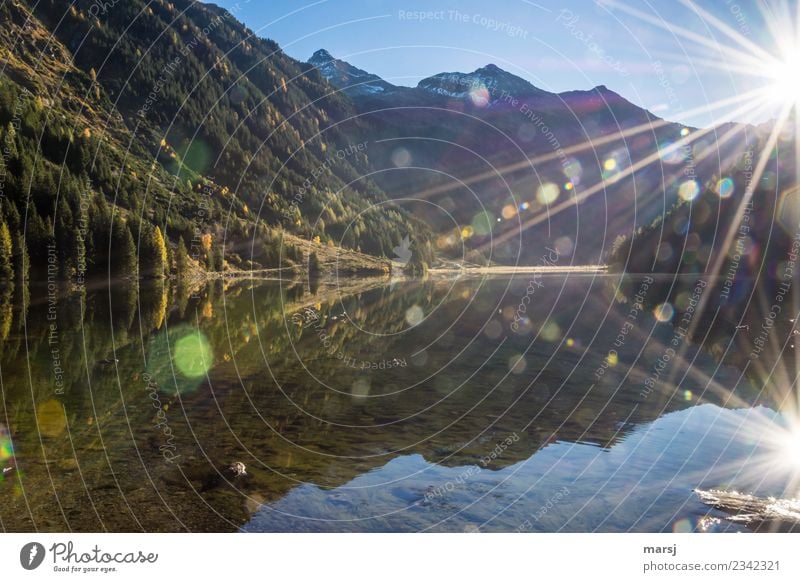 Riesachsee im Gegenlicht mit vielen Lensflares aber auch zwei Sonnensternen. Mit Blick zur Hochwildstelle. Reflexion & Spiegelung Blendeneffekt Gebirgssee