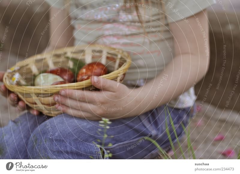 noch'n osterei? Kind Mädchen Haut Brust Arme Hand Beine 1 Mensch 3-8 Jahre Kindheit sitzen stoppen Ostern Frühling Jeanshose T-Shirt Osterei Farbfoto