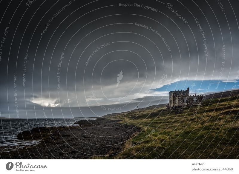 verlassenes Herrenhaus am Fjord Natur Landschaft Pflanze Himmel Wolken Gewitterwolken Horizont Frühling Schönes Wetter schlechtes Wetter Wind Gras Strand