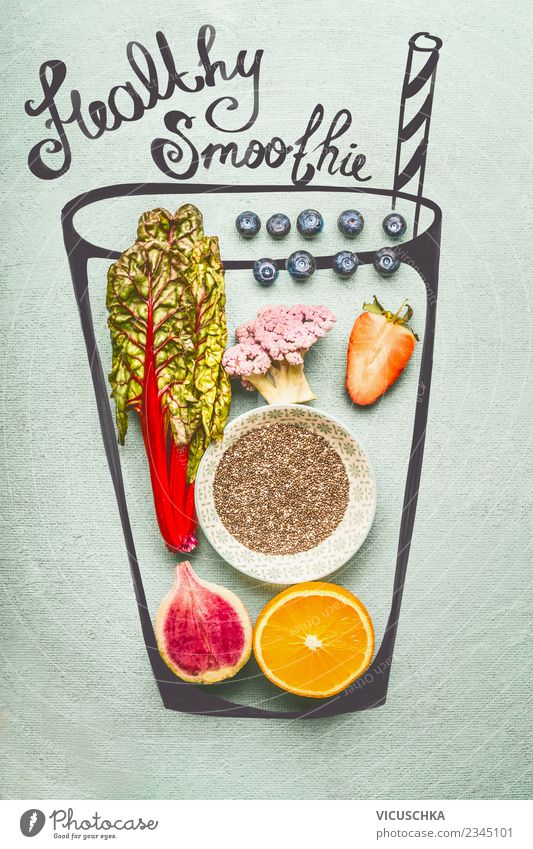 Gesunde Smoothie Zutaten mit Chia Samen Gemüse Frucht Getränk Erfrischungsgetränk Saft Glas Stil Design Gesundheit Gesunde Ernährung Brokkoli Vitamin