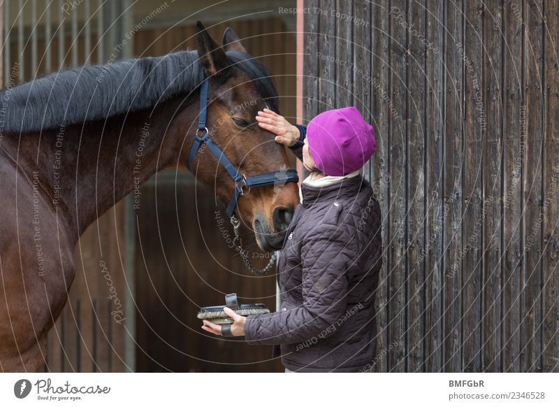 Zuneigung Lifestyle Freude Glück Freizeit & Hobby Reiten Reitsport Mensch feminin Frau Erwachsene 1 30-45 Jahre Jacke Mütze Tier Haustier Nutztier Pferd