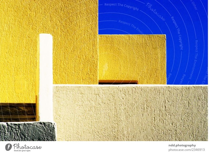 Greek Impression Kunst Architektur Dorf Fischerdorf Menschenleer Haus Mauer Wand Fassade Stein Beton ästhetisch blau gelb weiß ruhig Zufriedenheit Design