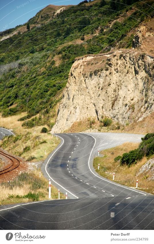 Highway Landschaft Wolkenloser Himmel Sommer Dürre Sträucher Berge u. Gebirge Menschenleer Straße Gleise Ferne frei Fröhlichkeit Unendlichkeit schön blau braun