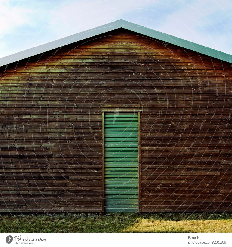 Holzhaus Himmel Wiese Haus Gebäude Tür einfach blau braun grün Farbfoto Außenaufnahme Textfreiraum oben Sonnenlicht Starke Tiefenschärfe Holzhütte geschlossen