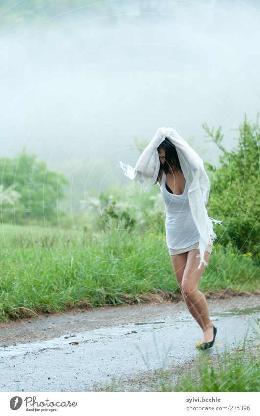 who stop the rain? Mensch feminin Junge Frau Jugendliche Leben 1 Umwelt Natur Landschaft Wasser Frühling schlechtes Wetter Unwetter Nebel Regen Pflanze Baum