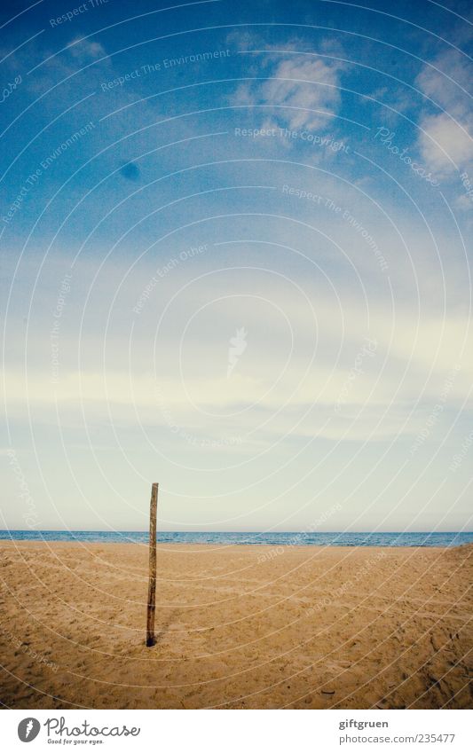 am strand I Umwelt Natur Landschaft Urelemente Sand Wasser Himmel Wolken Schönes Wetter Küste Strand Ostsee Meer ruhig Holzpfahl Pfosten Horizont standhaft