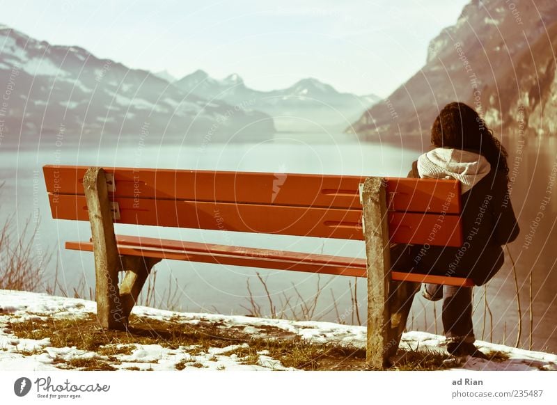 aussichtend 1 Mensch 18-30 Jahre Jugendliche Erwachsene Natur Landschaft Himmel Winter Schönes Wetter Eis Frost Schnee Gipfel Schneebedeckte Gipfel Seeufer