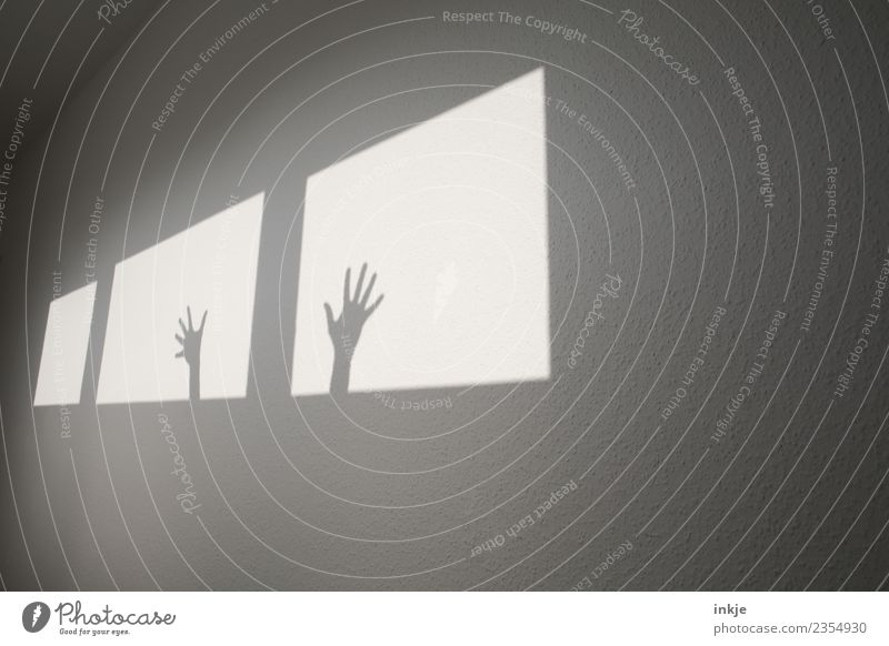 Hilfe Schatten Fenster Licht Spielen Farbfoto Kontrast Schattenspiel graphisch eckig Fensterfront Wand hell Menschenleer Raum Innenaufnahme diagonal Flur Hand