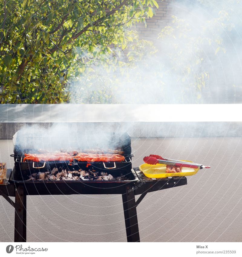 Es raucht und dampft Lebensmittel Fleisch Wurstwaren Ernährung Abendessen Garten Feste & Feiern Balkon lecker Rauch Grill Grillen Grillrost Grillkohle Sommer