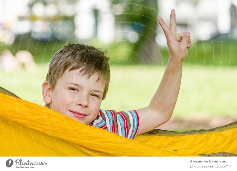 young boy in a hammock, hand raised in victory sign Freude Erfolg Kind Mensch Junge Kopf Hand 1 8-13 Jahre Kindheit Gefühle Frieden white happy child cheerful