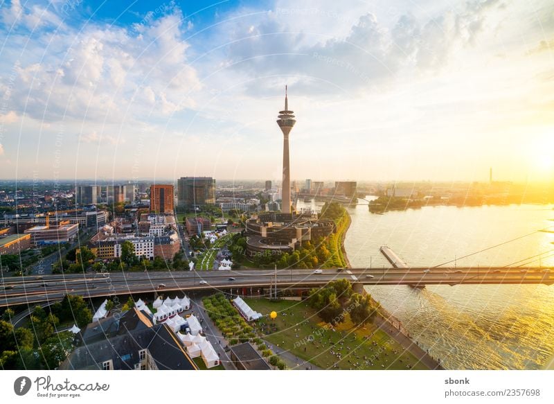 Düsseldorf Sommerabend Skyline Ferien & Urlaub & Reisen Dusseldorf Großstadt harbour river urban transport public train autumn evening bridge cityscape