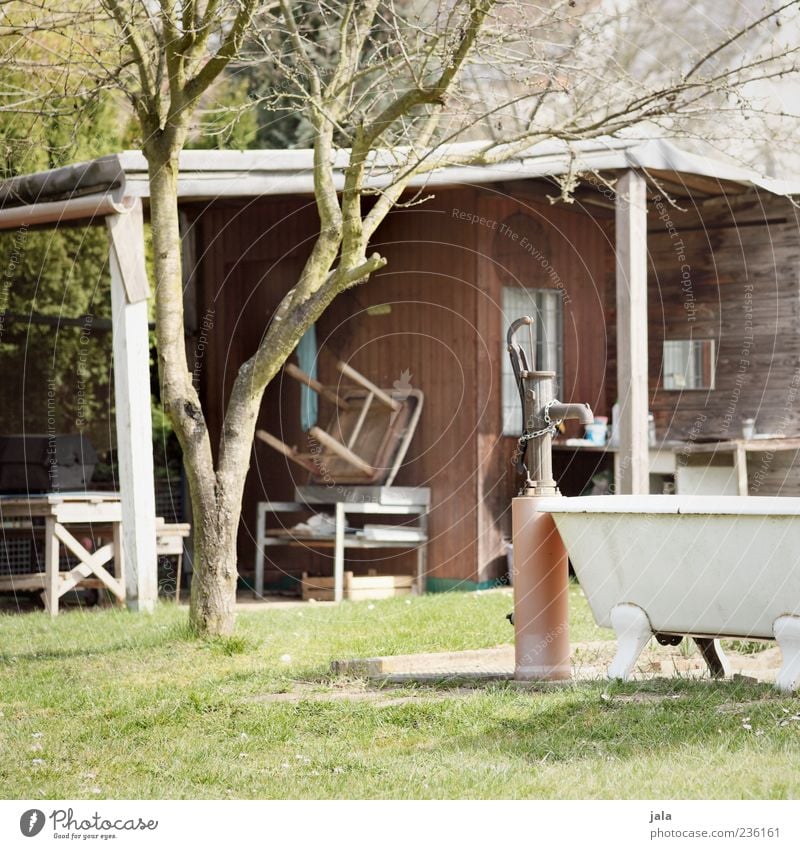 schrebergarten Natur Pflanze Baum Gras Garten Gebäude Hütte Gartenhaus Brunnen Badewanne Farbfoto Außenaufnahme Menschenleer Tag