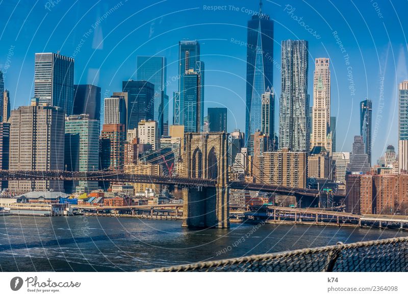 NYC - Brooklyn Bridge Skyline Froschperspektive Tag Außenaufnahme Gedeckte Farben Farbfoto Stadt New York City USA Amerika Hauptstadt Stadtzentrum Menschenleer