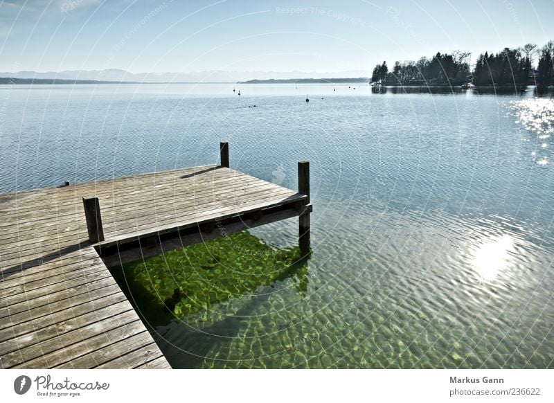 Steg am See Erholung ruhig Ferien & Urlaub & Reisen Natur blau grau Anlegestelle Holz Reflexion & Spiegelung Sonne horizontal Seeufer nass Wärme Farbfoto