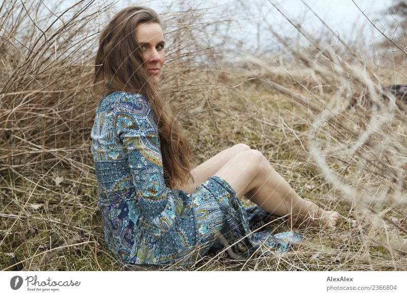 seitliches Portrait einer jungen Frau im Sommerkleid, die barfuß zwischen Büschen in der Natur sitzt Stil schön Leben Junge Frau Jugendliche Beine 18-30 Jahre