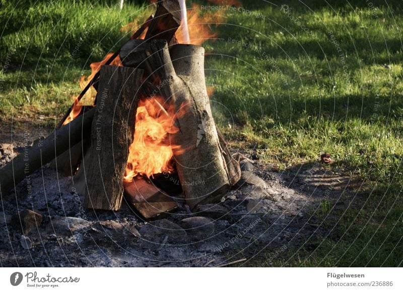 Lagerfeuer Freizeit & Hobby Veranstaltung heiß Kraft Feuer Holz Scheiterhaufen Feuerstelle Sommer Brennholz Flamme brennen anzünden Farbfoto Außenaufnahme Abend