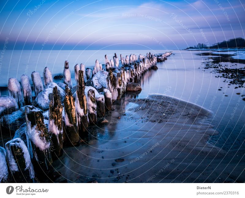 Wintermärz Strand Meer Natur Landschaft Sand Wasser Horizont Klima Wetter Eis Frost Ostsee See Stein blau braun schwarz weiß Kühlungsborn Mecklenburg-Vorpommern