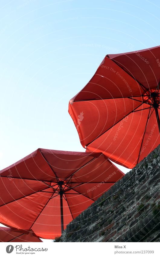 Sonnenschirme Strandbar Mauer Wand rot Café Balkon Wolkenloser Himmel Farbfoto mehrfarbig Außenaufnahme Menschenleer Textfreiraum oben Sonnenlicht Blauer Himmel