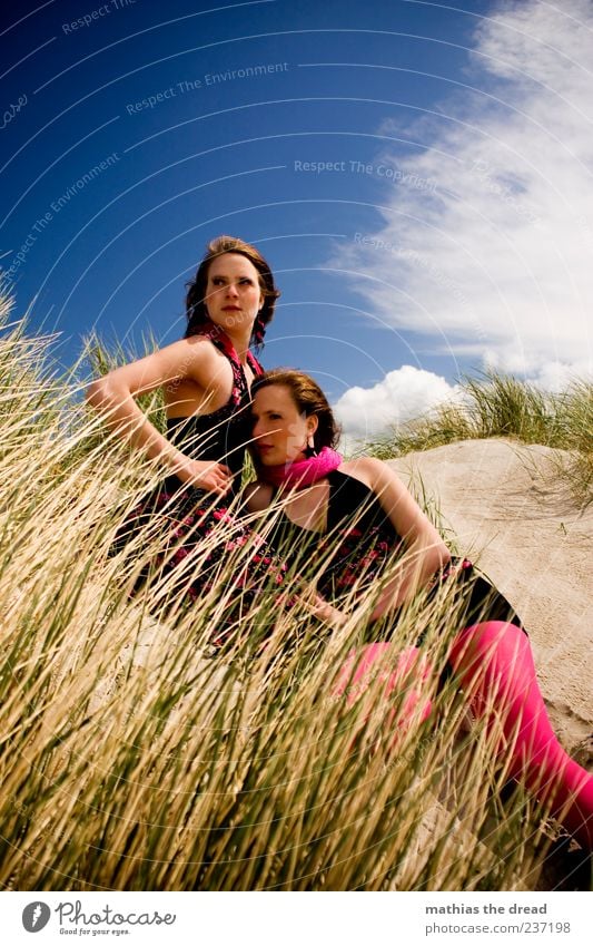 ZUSAMMEN Lifestyle elegant Stil schön Mensch feminin Junge Frau Jugendliche 2 18-30 Jahre Erwachsene Himmel Wolken Sommer Schönes Wetter Gras Küste Strand