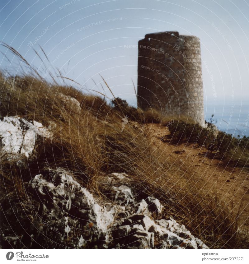 Alter Leuchtturm Ferien & Urlaub & Reisen Tourismus Ausflug Sommerurlaub Natur Landschaft Wolkenloser Himmel Gras Felsen Küste Meer Turm Architektur Mauer Wand