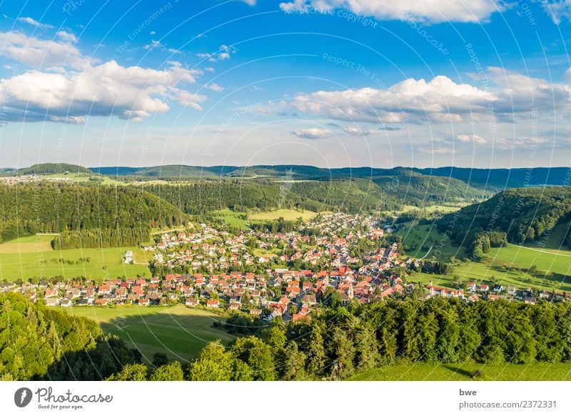 Albstadt Pfeffingen Luftaufnahme Umwelt Natur Landschaft Himmel Wolken Horizont Sonnenlicht Sommer Klima Wetter Schönes Wetter Baum Grünpflanze Feld Hügel