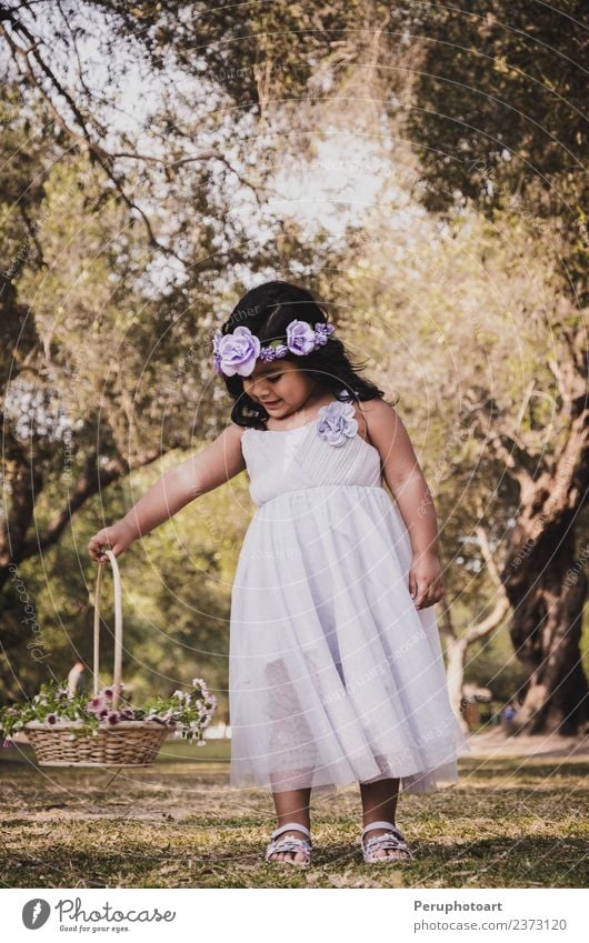 Kleines Mädchen mit Blumenkorb schön Freiheit Sommer Kind Mensch Frau Erwachsene Kindheit Natur Landschaft Gras Wiese Mode Kleid Lächeln klein niedlich grün