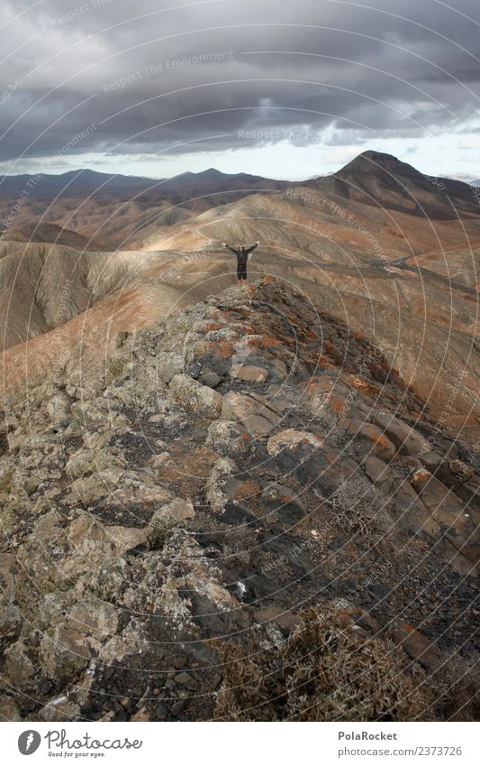 #AS# auf dem Gipfel Kunst ästhetisch Berge u. Gebirge Höhe Niveau Freiheit Freiheitsstatue Junger Mann positiv wandern Außenaufnahme Ziel Erreichen Applaus