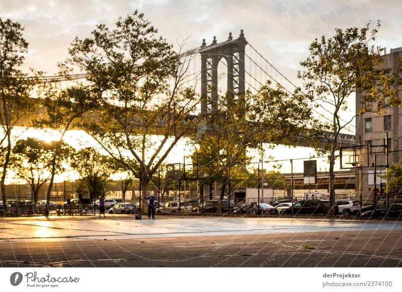 Manhattan Bridge in New York Ferien & Urlaub & Reisen Tourismus Ausflug Freiheit Sightseeing Städtereise Hafenstadt Park Platz Bauwerk Gebäude Architektur