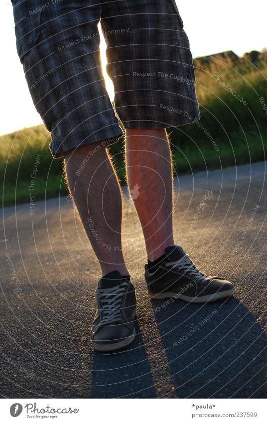 Sommerabend Lifestyle Stil maskulin Junger Mann Jugendliche Beine Fuß 1 Mensch 18-30 Jahre Erwachsene Straße Shorts Turnschuh stehen warten modern gelb grau