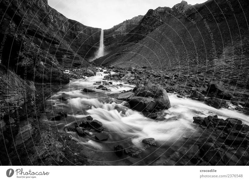 Hengifoss III Wasserfall Island Fluss Schlucht Felsen Langzeitbelichtung Gischt feucht Schwarzweißfoto dunkel mystisch Klippe vulkanisch Vulkaninsel