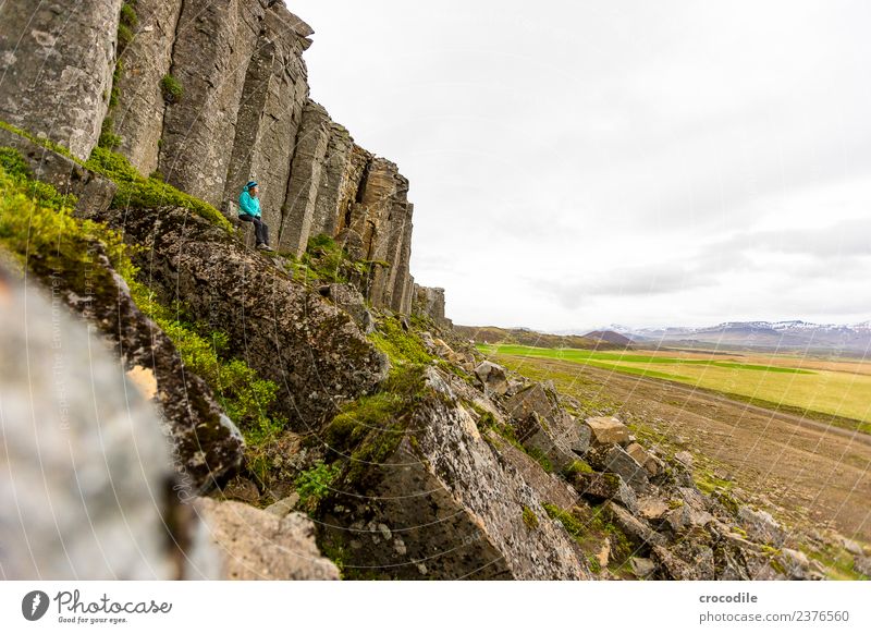 # 759 Gerðuberg Cliffs Vulkan Ringstrasse Moos Flechten Berge u. Gebirge Lava Eruption grün Panorama (Aussicht) wandern Gipfel Schneebedeckte Gipfel Ferne Frau