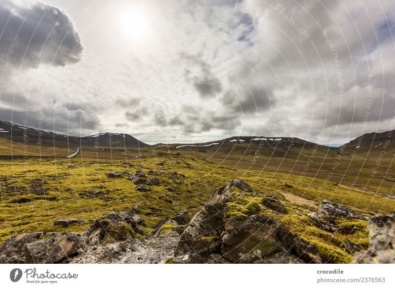 # 758 dunkel Vulkan Ringstrasse Moos Flechten Berge u. Gebirge Lava Eruption grün Panorama (Aussicht) wandern Gipfel Schneebedeckte Gipfel Ferne Sonne