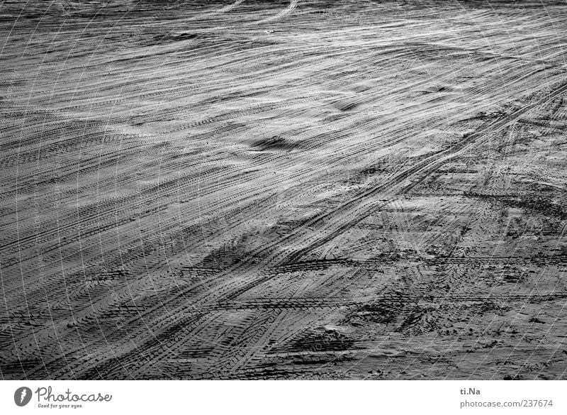 Vatertagsspuren Urelemente Sand Sommer Strand Nordsee grau schwarz weiß Schwarzweißfoto Außenaufnahme Menschenleer Abend Starke Tiefenschärfe Fahrbahn Spuren