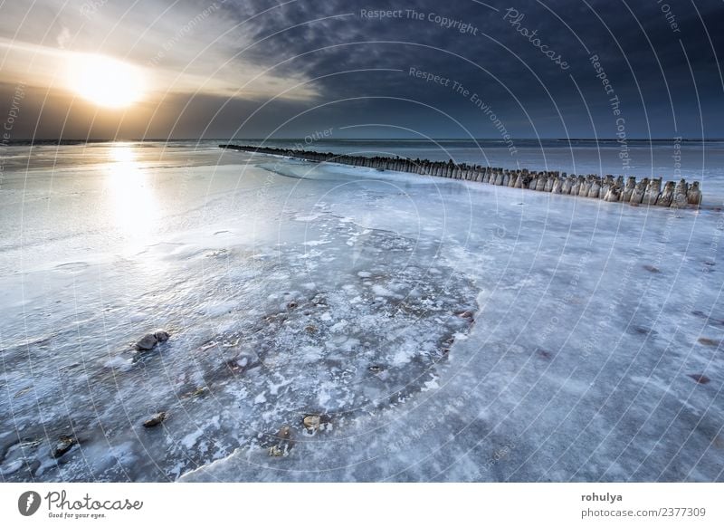 gefrorener Wellenbrecher auf dem großen See im Winter bei Sonnenuntergang Ferien & Urlaub & Reisen Strand Meer Landschaft Horizont Küste Holz Optimismus Wasser