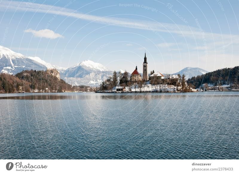 Bleder See, Slowenien schön Ferien & Urlaub & Reisen Tourismus Insel Winter Schnee Berge u. Gebirge Natur Landschaft Himmel Baum Park Wald Hügel Felsen Alpen