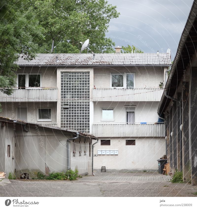 hinterhof Himmel Baum Haus Bauwerk Gebäude Architektur Hof Fassade Balkon Fenster Tür Satellitenantenne trist Farbfoto Außenaufnahme Menschenleer Tag Hinterhof