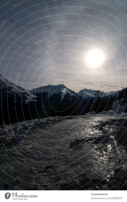 it's gonna take time Umwelt Landschaft Himmel Wolken Sonne Winter Alpen Berge u. Gebirge Schneebedeckte Gipfel dunkel Ferne gigantisch glänzend groß kalt blau