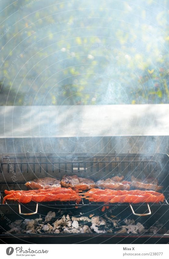 Fackeln Lebensmittel Fleisch Ernährung heiß lecker Grillen Grillrost Grillkohle Rauch Steak Farbfoto mehrfarbig Außenaufnahme Menschenleer Textfreiraum oben