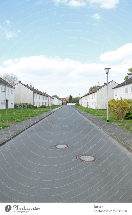 Straße mit Reihenhäusern vor blauen Himmel Sommer Schönes Wetter Stadt Stadtrand Menschenleer Haus Gebäude grau grün weiß stagnierend Farbfoto Außenaufnahme Tag