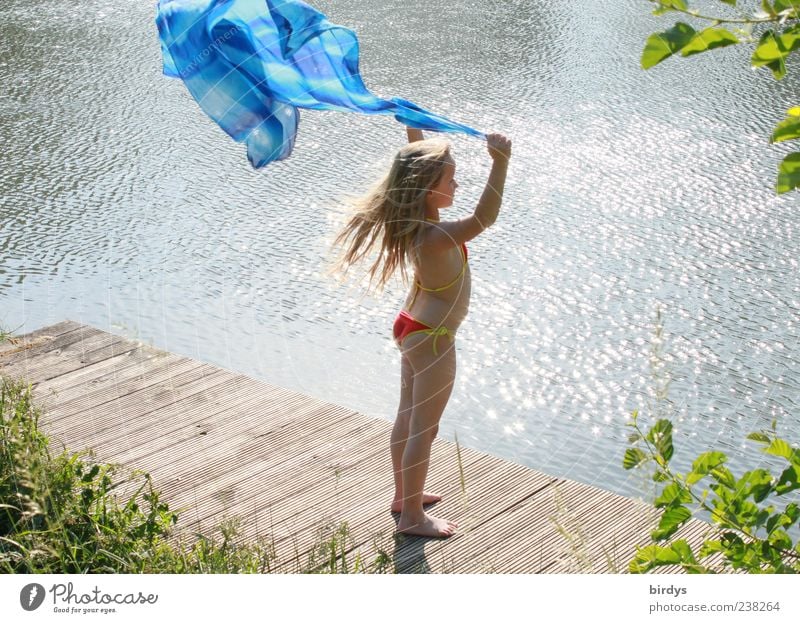 Bruder Wind Freude Mädchen Kindheit 1 Mensch 3-8 Jahre Luft Wasser Sommer Schönes Wetter Seeufer blond langhaarig Spielen stehen Freundlichkeit hell blau