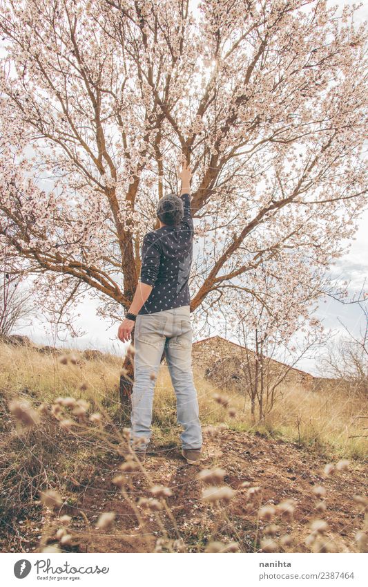 Junger Mann, der einen blühenden Baum berührt. Lifestyle Stil Wellness Leben Sinnesorgane Mensch maskulin Jugendliche Erwachsene 1 30-45 Jahre Umwelt Natur