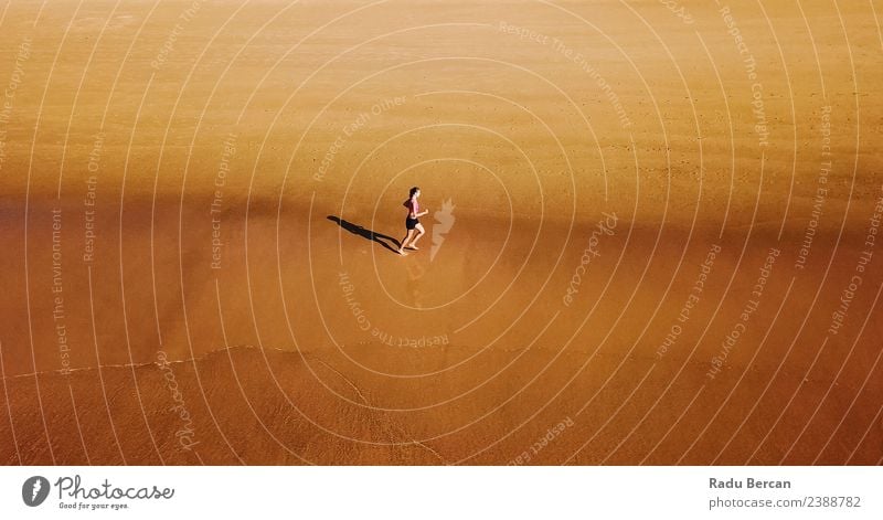 Luftaufnahme der sportlichen Frau, die am Strand läuft. Sommer Sonne Meer Sport Fitness Sport-Training Leichtathletik Joggen Mensch feminin Junge Frau