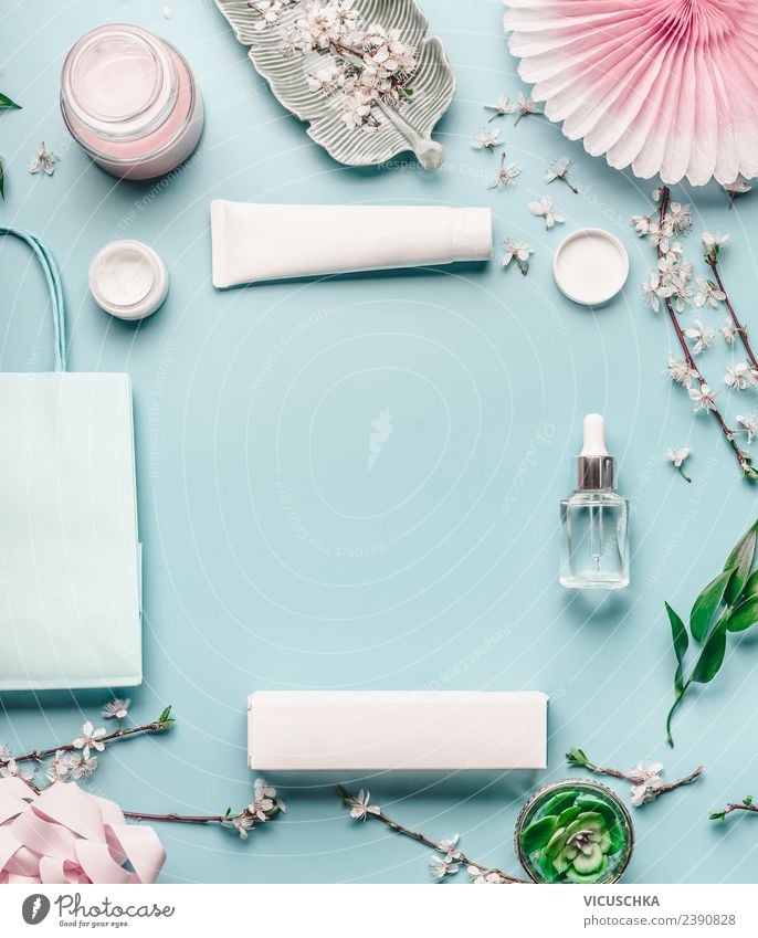 Beauty Hintergrund mit kosmetischen Produkten kaufen Stil Design schön Kosmetik Parfum Gesundheit Spa Schreibtisch Frühling Blatt Blüte Dekoration & Verzierung